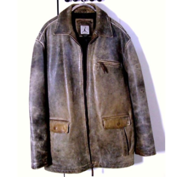 Vtg Michael Jordan Distress Gray /Brown Leather Jacket Buckle Back Sz 2XLT